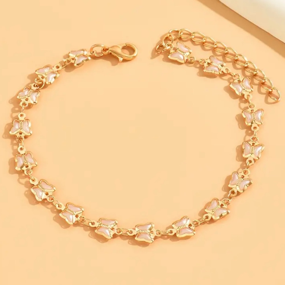 NEW SUMMER Butterfly Elegant Beautiful  Beige Moonstone Gold 14k Ankle Bracelet